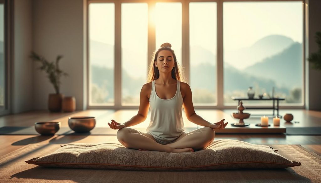 A peaceful meditation studio with a serene, minimalist atmosphere. In the foreground, a person sits cross-legged on a plush meditation cushion, their eyes closed and face expressing deep focus and tranquility. Soft natural lighting filters in through large windows, casting a warm glow over the scene. The middle ground features various meditation props like singing bowls, incense, and a small altar with flickering candles. The background showcases a serene landscape, perhaps a lush garden or mountain vista, to further enhance the calming ambiance. The overall mood is one of deep relaxation, stress relief, and inner harmony. A peaceful meditation studio with a serene, minimalist atmosphere. In the foreground, a person sits cross-legged on a plush meditation cushion, their eyes closed and face expressing deep focus and tranquility. Soft natural lighting filters in through large windows, casting a warm glow over the scene. The middle ground features various meditation props like singing bowls, incense, and a small altar with flickering candles. The background showcases a serene landscape, perhaps a lush garden or mountain vista, to further enhance the calming ambiance. The overall mood is one of deep relaxation, stress relief, and inner harmony.