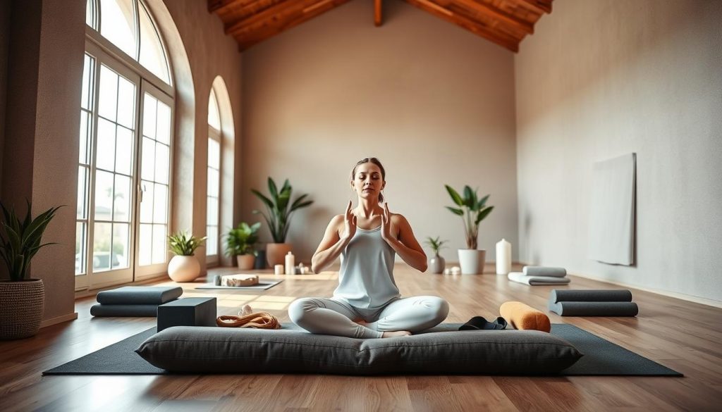 A serene meditation studio with soft natural lighting filtering through large windows. In the foreground, a person sits cross-legged on a plush floor cushion, eyes closed, hands in a peaceful mudra. Surrounding them are various yoga props and accessories like foam blocks, straps, and bolsters. The middle ground features potted plants, candles, and healing crystals arranged in a calming, symmetrical composition. The background depicts a minimalist, earthy color palette with textured walls and a wooden ceiling, creating a soothing, zen-inspired atmosphere conducive to mindful practice and injury prevention. A serene meditation studio with soft natural lighting filtering through large windows. In the foreground, a person sits cross-legged on a plush floor cushion, eyes closed, hands in a peaceful mudra. Surrounding them are various yoga props and accessories like foam blocks, straps, and bolsters. The middle ground features potted plants, candles, and healing crystals arranged in a calming, symmetrical composition. The background depicts a minimalist, earthy color palette with textured walls and a wooden ceiling, creating a soothing, zen-inspired atmosphere conducive to mindful practice and injury prevention.