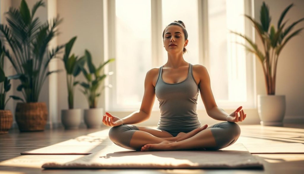 A serene, sun-dappled studio setting with a woman sitting cross-legged on a plush yoga mat, eyes closed, hands resting gently on her knees as she practices a guided meditation. Soft, warm lighting filters through large windows, casting a peaceful glow. The background features lush, potted plants and a minimal, minimalist decor, creating a calming, contemplative atmosphere. The woman's expression is one of deep focus and inner calm, embodying the transformative power of meditation for fitness and wellness. A serene, sun-dappled studio setting with a woman sitting cross-legged on a plush yoga mat, eyes closed, hands resting gently on her knees as she practices a guided meditation. Soft, warm lighting filters through large windows, casting a peaceful glow. The background features lush, potted plants and a minimal, minimalist decor, creating a calming, contemplative atmosphere. The woman's expression is one of deep focus and inner calm, embodying the transformative power of meditation for fitness and wellness.