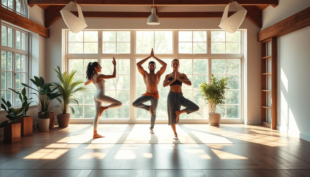 A tranquil yoga studio with natural light filtering through large windows, illuminating a serene space where three figures in yoga poses represent the three doshas - Vata, Pitta, and Kapha. The Vata figure moves with graceful fluidity, the Pitta figure holds a powerful, focused pose, and the Kapha figure grounds themself in a steady, grounded stance. Potted plants, wooden accents, and a calming color palette create a balanced, harmonious atmosphere, inviting the viewer to explore the unique needs and characteristics of each dosha type.