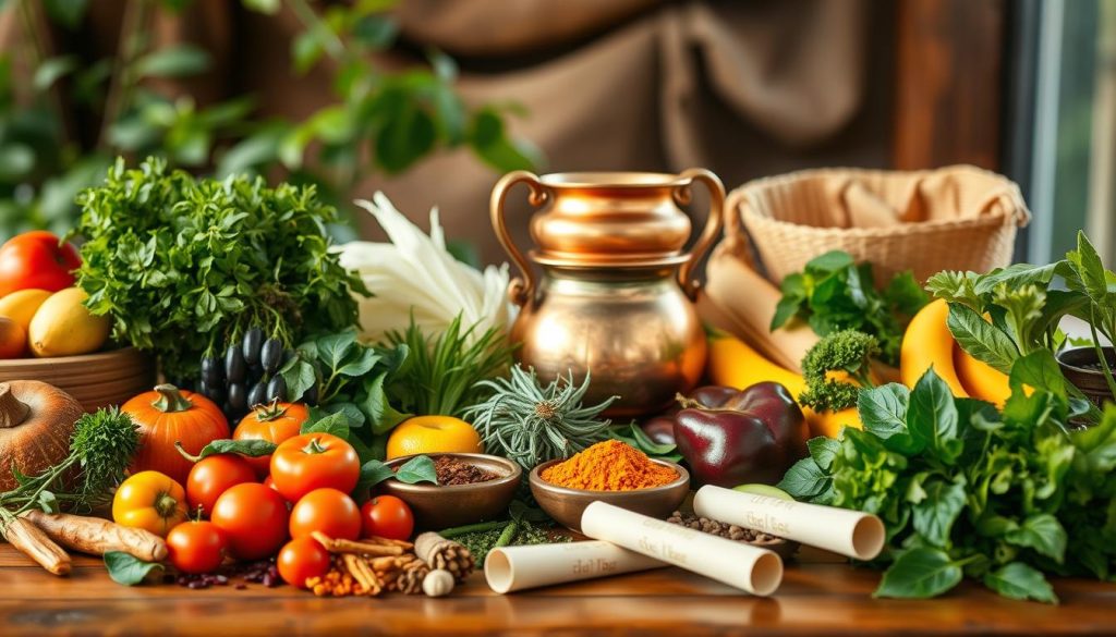 A vibrant still life showcasing the essence of Ayurvedic nutrition. In the foreground, an array of colorful, organic produce - fresh fruits, vegetables, herbs, and spices - artfully arranged on a wooden table. The middle ground features a traditional copper vessel, its surface gleaming, and a few Ayurvedic text scrolls cascading alongside. In the background, a serene, earthy-toned environment, with hints of natural light filtering through lush foliage. The overall composition conveys a sense of balance, harmony, and the holistic approach to wellness embodied by Ayurvedic principles. Captured with a warm, soft-focus lens, the image exudes a calming, meditative atmosphere.