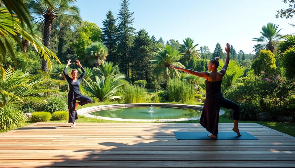 Vata-Balancing Workout Routines: A serene garden oasis with a gentle breeze, soft natural lighting, and a wooden yoga platform in the foreground. Graceful yoga practitioners in flowing attire perform calming asanas and flowing movements, exuding a sense of grounding and tranquility. In the middle ground, a crystal-clear pond reflects the surrounding lush greenery. In the background, towering trees and a clear blue sky create a peaceful, rejuvenating atmosphere, perfect for restoring balance to the Vata dosha.